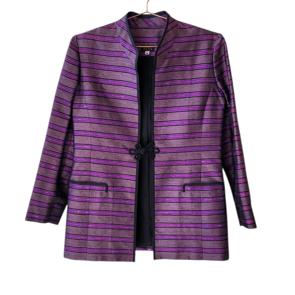 Vintage 100% Thai Silk M Purple Multi Stripe Blazer Jacket Women